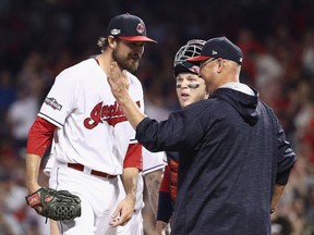 Andrew Miller, left, is removed in the seventh inning from Game 1 of the American League Division Series by manager Terry Francona.