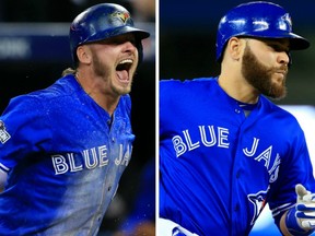 Left: Josh Donaldson celebrates after scoring in the 10th inning against Texas on Oct. 9. Right: Russell Martin rounds the bases after homering in the first inning.