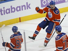 Benoit Pouliot of the Oilers celebrates a goal during the second period of their game against the Washington Capitals at Rogers Place in Edmonton on Wednesday night.