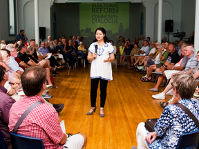 Minister of Democratic Institutions Maryam Monsef speaks during a town hall meeting on electoral reform on Sept. 6, 2016 in Peterborough, Ontario