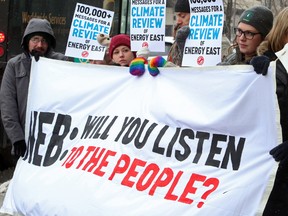 People protest against the Energy East pipeline in Calgary in 2015.