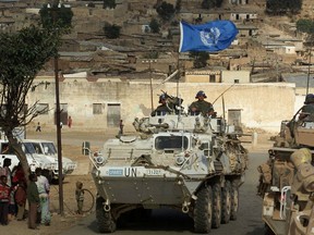 Canadian peackeepers patrol the streets of Senafe, Ethiopian-occupied Eritrea, in 2001.