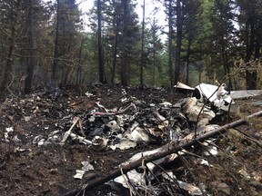 The wreckage of a Cessna Citation that crashed on October 13, 2016, near Lake Country, B.C., in this October 15, 2016, Transportation Safety Board handout image.