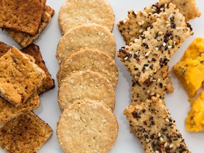 Left to right: Onion Rye Crackers; Sesame Oat Crackers; Togarashi Wheat Crackers.