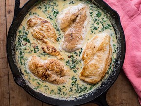Here, thinly sliced chicken breasts are enveloped in a creamy, cheesy sauce peppered with wilted spinach and sundried tomatoes.