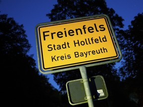 The Oct. 4, 2016 photo shows the town sign of Freienfels near Bayreuth, southern Germany, where a 43-year-old man was found who didn't leave his parents' house for many years.