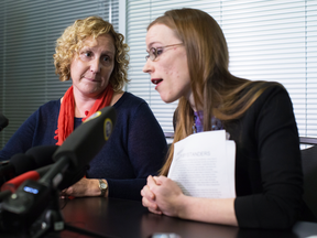 Former UBC student Glynnis Kirchmeier, right, with Dr. Sara-Jane Finlay, associate vice-president of equity and inclusion at UBC, at a news conference in November 2015.