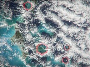 Screenshot from an episode of What on Earth? showing the supposed hexagonal clouds that cause dangerous conditions in the Bermuda Triangle. Both the theory — and the very concept of the Bermuda Triangle — are false.