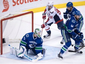 Washington Capitals' Marcus Johansson scores against Canucks goalie Jacob Markstrom, of Sweden during the second period of  game in Vancouver.