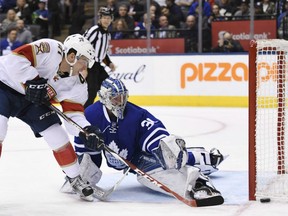 Florida Panthers centre Greg McKegg is stopped by Maple Leafs goalie Frederik Andersen during first period NHL action in Toronto on Thursday night.