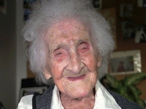 This Feb. 12, 1996 file photo shows Jeanne Calment in Arles, France. Believed to be the world's oldest person, she died at the age of 122 in 1997.