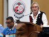 Carolyn Bennett, Minister of Indigenous and Northern Affairs, speaks at the Assembly of First Nations' annual general meeting in Victoria, B.C., while Regional Chief Shane Gottfriedson listens, Oct. 24, 2016.