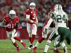 David Johnson of the Arizona Cardinals takes off with the ball during NFL Monday night action against the New York Jets in Glendale, Az. Johnson had three touchdowns as the Cardinals posted a 28-3 rout over New York.