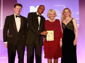 Luke Ellis, Winner of the 2016 Man Booker Prize for his novel 'The Sellout, Paul Beatty, Camilla, Duchess of Cornwall and Dr Amanda Foreman attend the 2016 Man Booker Prize at The Guildhall on October 25, 2016 in London, England.