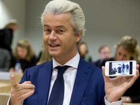 A March 18, 2016 photo of Geert Wilders  in court for a pretrial hearing on inciting hatred, in Amsterdam, Netherlands