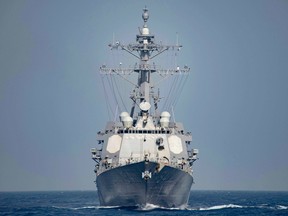 This April photo shows the guided-missile destroyer USS Nitze. 
The Nitze fired missiles Thursday, destroying three radar sites controlled by Houthi rebels in Yemen.