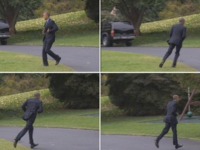 In these October 7 photos, U.S. president Barack Obama jogs back to the Oval Office after realizing he's forgotten something.
