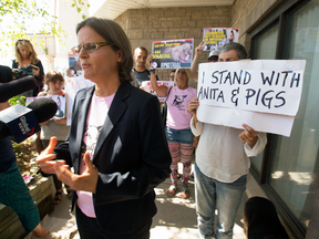 Anita Krajnc speaks to reporters outside a Burlington court in August 2016. She faces possible jail time for giving water to pigs that were on the way to a slaughterhouse in June 2015.