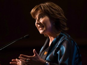 British Columbia Premier Christy Clark addresses a gathering of First Nations leaders and B.C. cabinet ministers, in Vancouver, B.C., on Wednesday September 7, 2016. Clark is being challenged to reject Kinder Morgan's Trans Mountain pipeline expansion proposal because it can never meet one of her five conditions to support oil pipeline development.