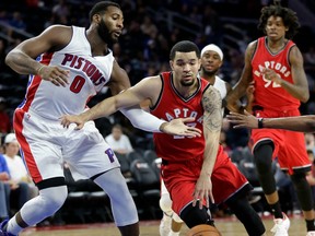 Toronto's Fred VanVleet drives to the basket against Detroit centre Andre Drummond during a pre-season game on Oct. 19.