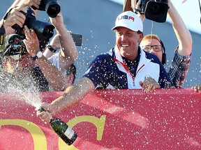 Phil Mickelson sprays champagne after the U.S. won the Ryder Cup on Oct. 2.