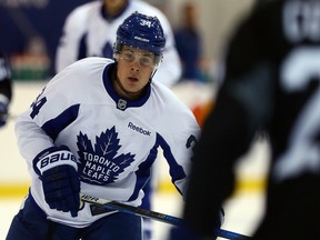 Auston Matthews chases the puck during Leafs training camp at the MasterCard Centre in Toronto on Sept. 29.