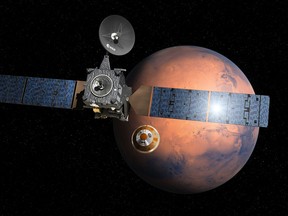 Artists impression provided by the European Space Agency, ESA, depicting the separation of the ExoMars 2016 entry, descent and landing demonstrator module, named Schiaparelli, center, from the Trace Gas Orbiter, TGO, left, and heading for Mars.