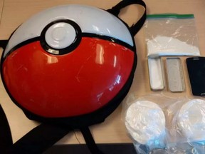 Two round bricks of suspected cocaine and other drug paraphrenalia were found in this Pokémon Pokéball backpack in Kingston.