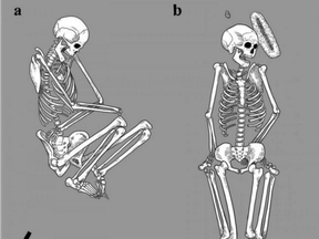 Bodies buried by family members were arranged in a flexed position on their side (left), while in atypical burials, bodies were left in more awkward positions (right)
