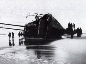 The Lutzen is shown after running aground on Cape Cod in 1939.