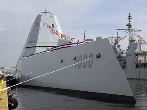 The Navy's newest guided-missile destroyer, the future USS Zumwalt, docked in Baltimore