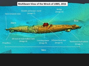 This diagram shows UB-85 as it lies on the bottom of the ocean.