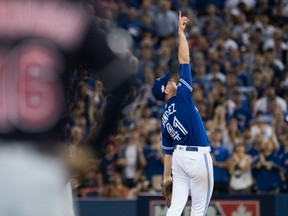 Aaron Sanchez points up to an infield fly ball in the sixth inning against Cleveland on Oct. 18.