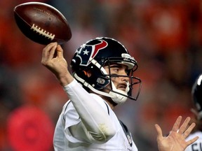 Houston Texans quarterback Brock Osweiler bobbles a throw against the Denver Broncos on Oct. 24.