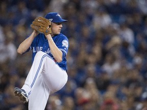 Blue Jays starter Aaron Sanchez pitches in the ALCS against Cleveland on Oct. 18.