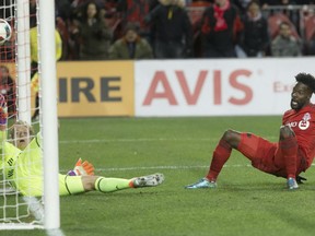 Toronto FC's Tosaint Ricketts (right) scores against New York City FC on Oct. 30.