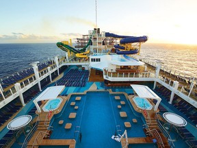 Norwegian Escape's Aqua Park is the largest at sea and includes two pools, four hot tubs, the Aqua Racer tandem waterslide and Free Fall, the fastest waterslide at sea. She also boasts the largest ropes course at sea; it spans the entire width of the ship, offering five sky rails and two planks - six-inch wide beams that extend eight feet from the side of the ship.