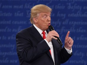 U.S. Republican presidential candidate Donald Trump speaks during the second presidential debate in St. Louis on Sunday.