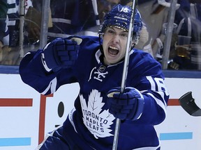 Maple Leafs centre Mitch Marner celebrates after scoring his first career goal against Boston on Oct. 15.