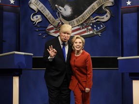 Alec Baldwin, left, as Republican presidential candidate, Donald Trump, and Kate McKinnon, as Democratic presidential candidate, Hillary Clinton during the SNL cold open two weeks ago. Baldwin returned on Saturday as Trump — and this time, drew the ire of the actual Trump.