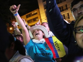No' supporters celebrate  following their victory in the referendum on a peace accord to end the 52-year-old guerrilla war between the FARC and the state on October 2, 2016 in Bogota, Colombia.