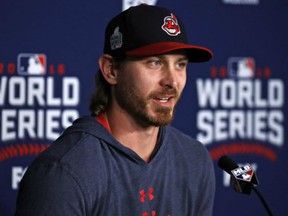 Cleveland Indians Game 6 starting pitcher Josh Tomlin talks during a news conference  Monday about upcoming World Series Game 6 against the Chicago Cubs at Progressive Field Tuesday night in Cleveland.