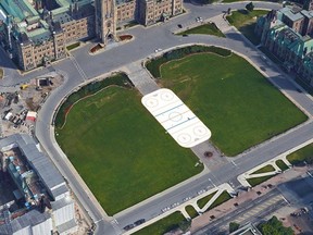 Photo illustration of a Google earth image of Parliament Hill with an outdoor hockey rink superimposed.