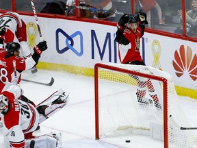 Senators centre Kyle Turris celebrates his overtime game winning goal against the Carolina Hurricanes during NHL action at Canadian Tire Centre in Ottawa on Tuesday night.