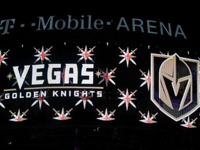 The Vegas Golden Knights logo is displayed at T-Mobile Arena in Las Vegas on Nov. 22, 2016.