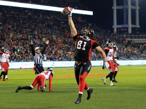 Patrick Lavoie #81 of the Ottawa Redblacks scores a touchdown during the first half of the 104th Grey Cup Championship Game against the Calgary Stampeders at BMO Field on November 27, 2016 in Toronto, Canada.