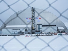 The New Safe Confinement sarcophagus covers the destroyed reactor number four at the Chornobyl nuclear power station on November 29, 2016.