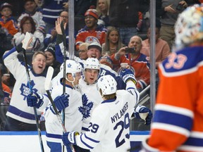 Auston Matthews of the Toronto Maple Leafs celebrates a goal against the Oilers at Rogers Place in Edmonton on Tuesday night.
