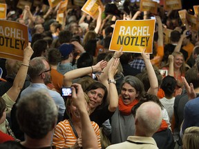 Supporters celebrate in Edmonton on May 5, 2015, after the NDP won the Alberta provincial election.