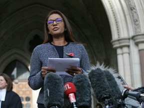 Business woman Gina Miller, one of the claimants who challenged plans for Brexit, speaks to the media outside the High Court in London, Thursday Nov. 3, 2016.